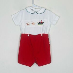Silly Goose hand smocked Santa sleigh Peter Pan collar, Jon Jon w/ red shorts. 3